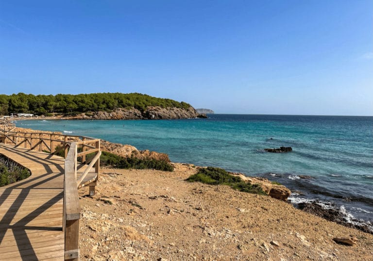 The image shows a scenic coastal view with turquoise water and a clear blue sky. A wooden boardwalk curves along the rocky shoreline, leading towards a lush green forest in the distance.