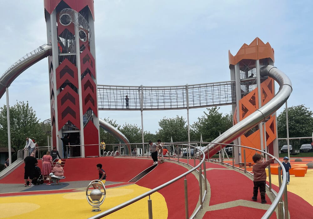 Playground with a ramp and tall connected towers at Butlins Skegness
