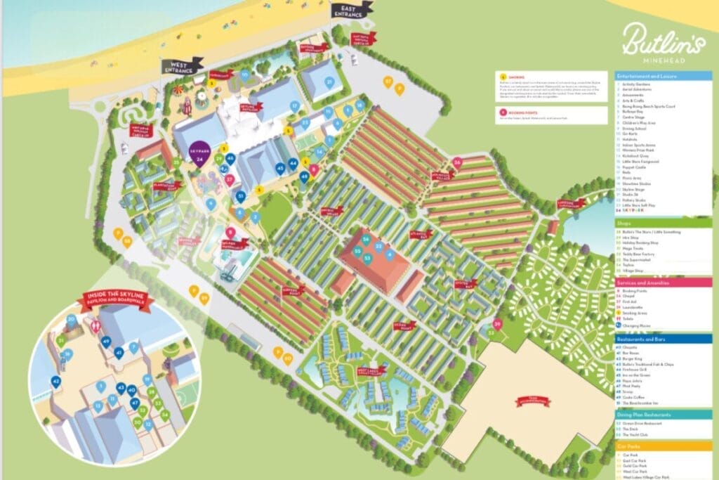 A map of the Butlins Minehead resort that shows the layout of the accommodation and facilities onsite. At the top of the map you can see the beach and there's a key to the right side of the map. 